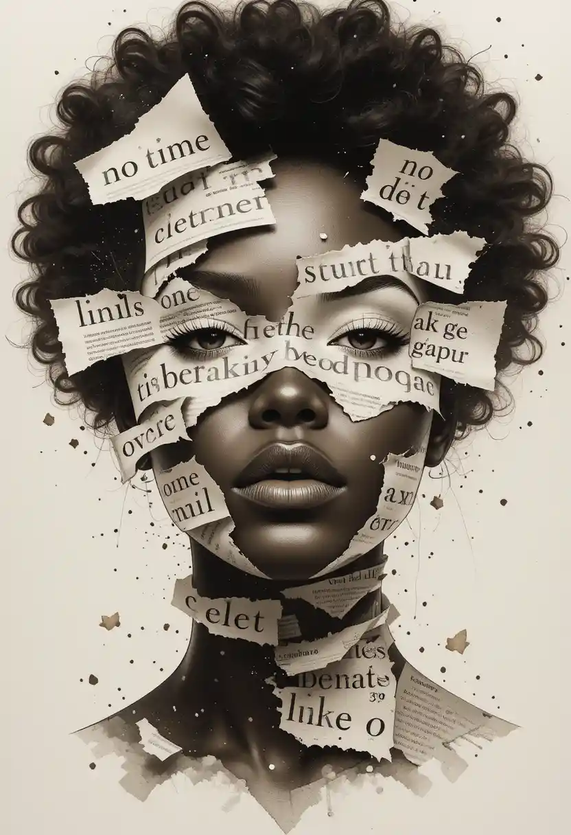 Surreal watercolor portrait of a woman with magazine text
