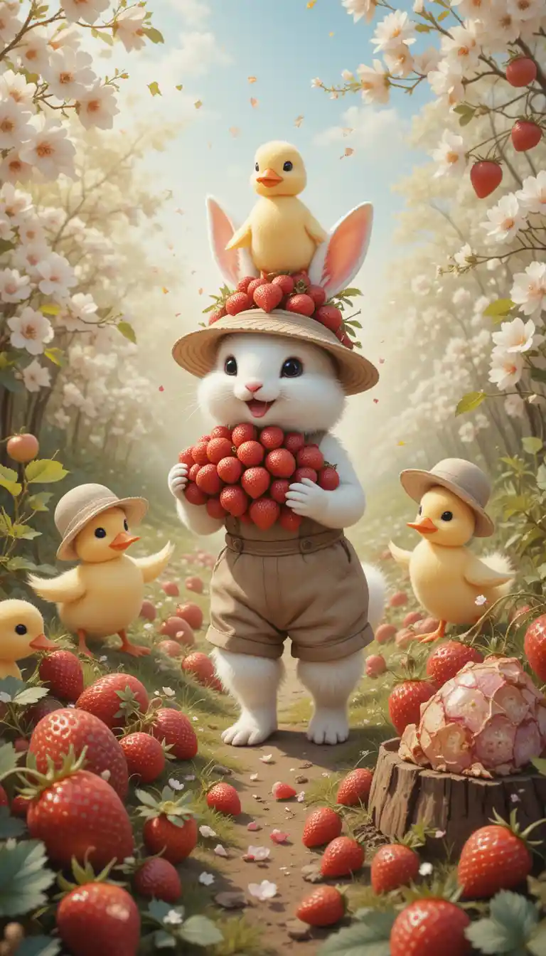 Baby rabbit balancing strawberries with helpful ducklings