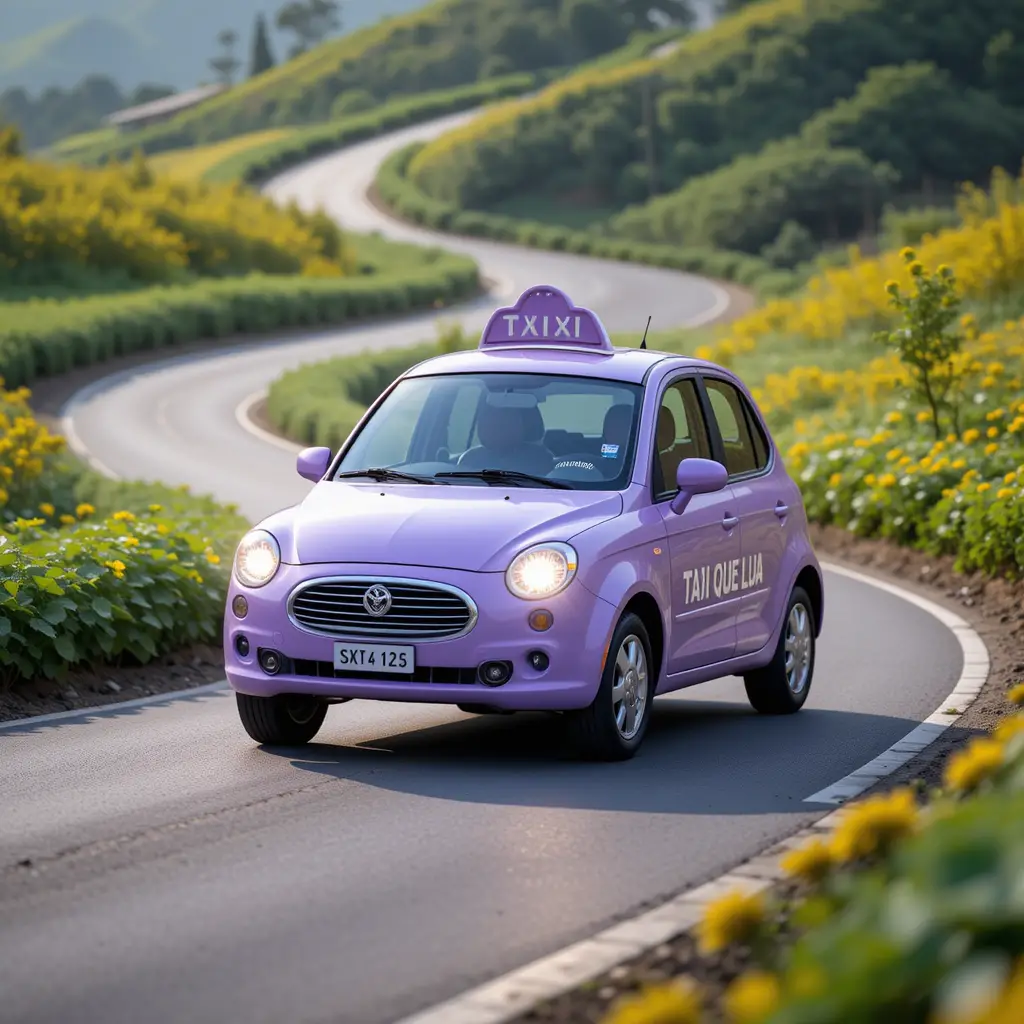 Playful purple taxi car on winding country road