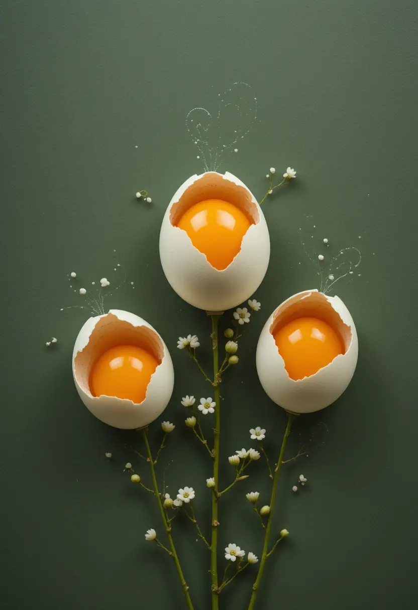 Eggshell flowers with bright yolks on dark green background