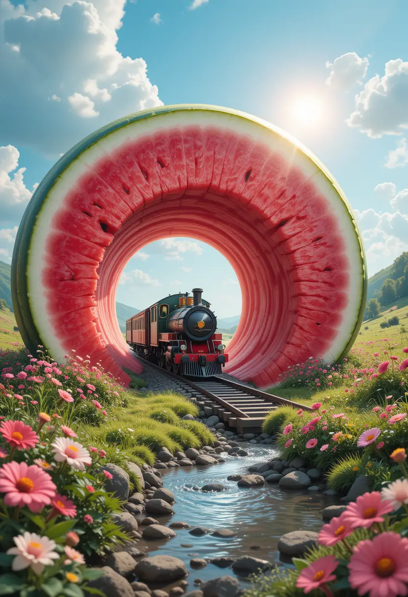 Surreal train emerging from a sliced watermelon tunnel