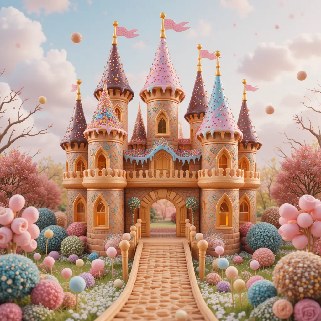 Whimsical Donut Castle In A Pastel Candy Fantasy Landscape