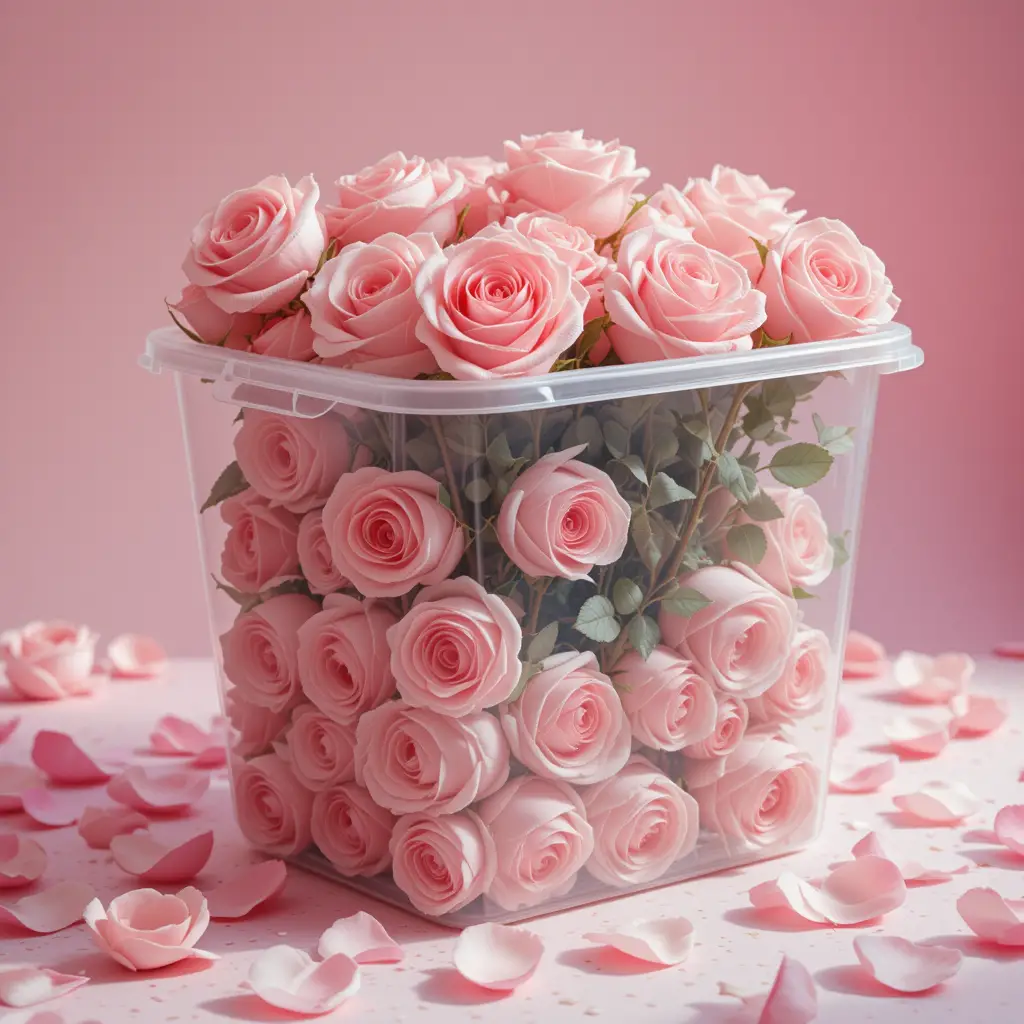 Soft pastel roses spilling from a clear plastic bin