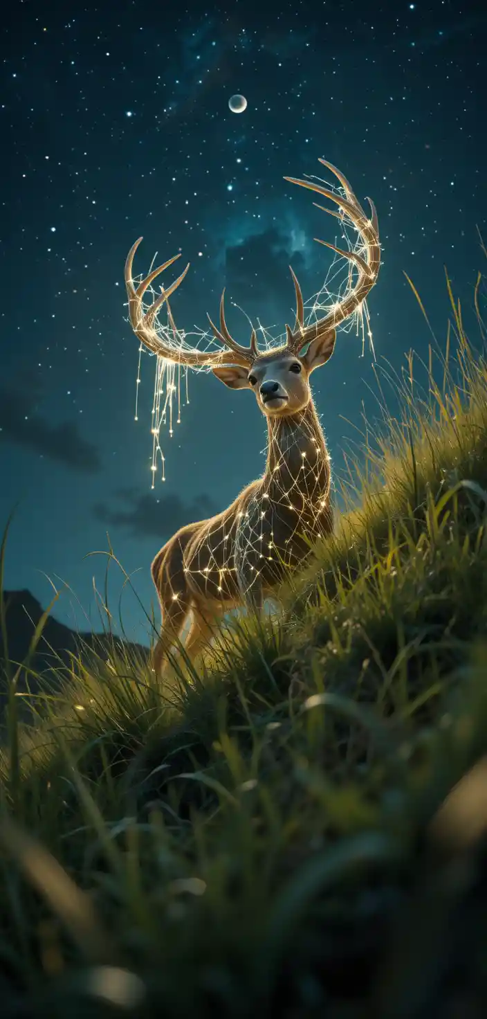 Deer With Glowing String Lights In Tall Grass Savanna