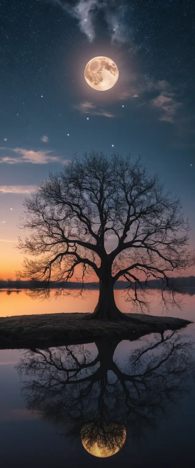 Lonely tree under a starry sky with moon and sun