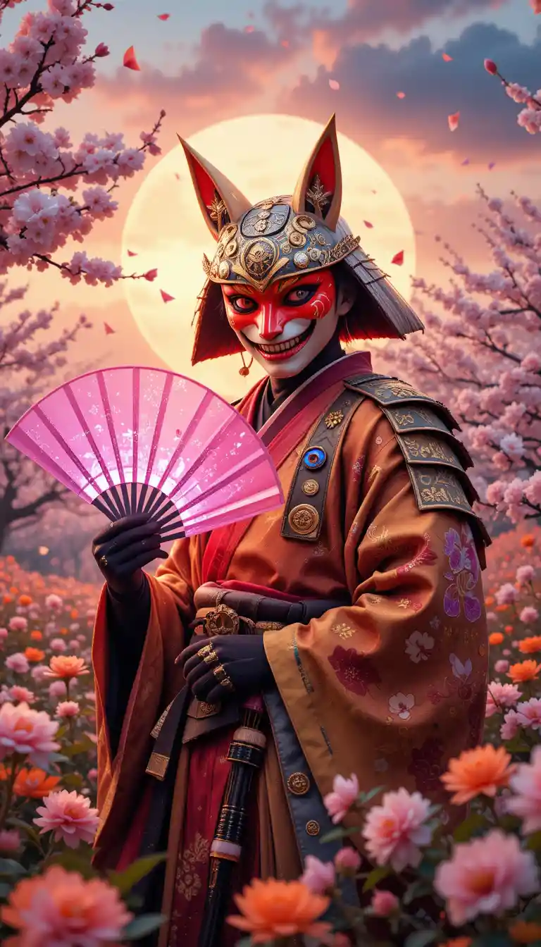 Samurai fox masked warrior in glowing flower field