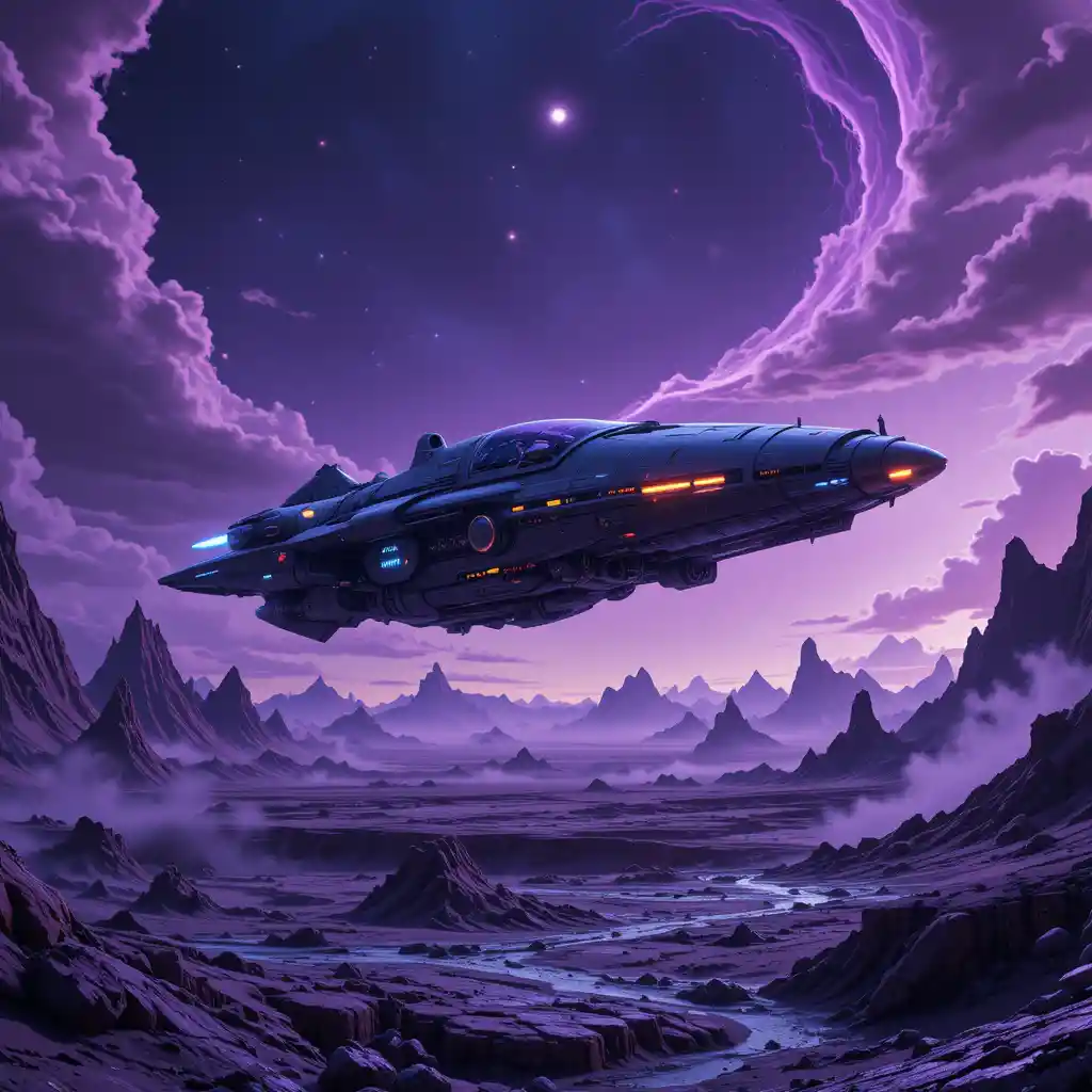 Futuristic spaceship above a desolate alien world