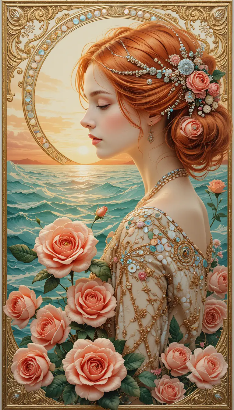 Woman by an emerald gold sea at bright sunset