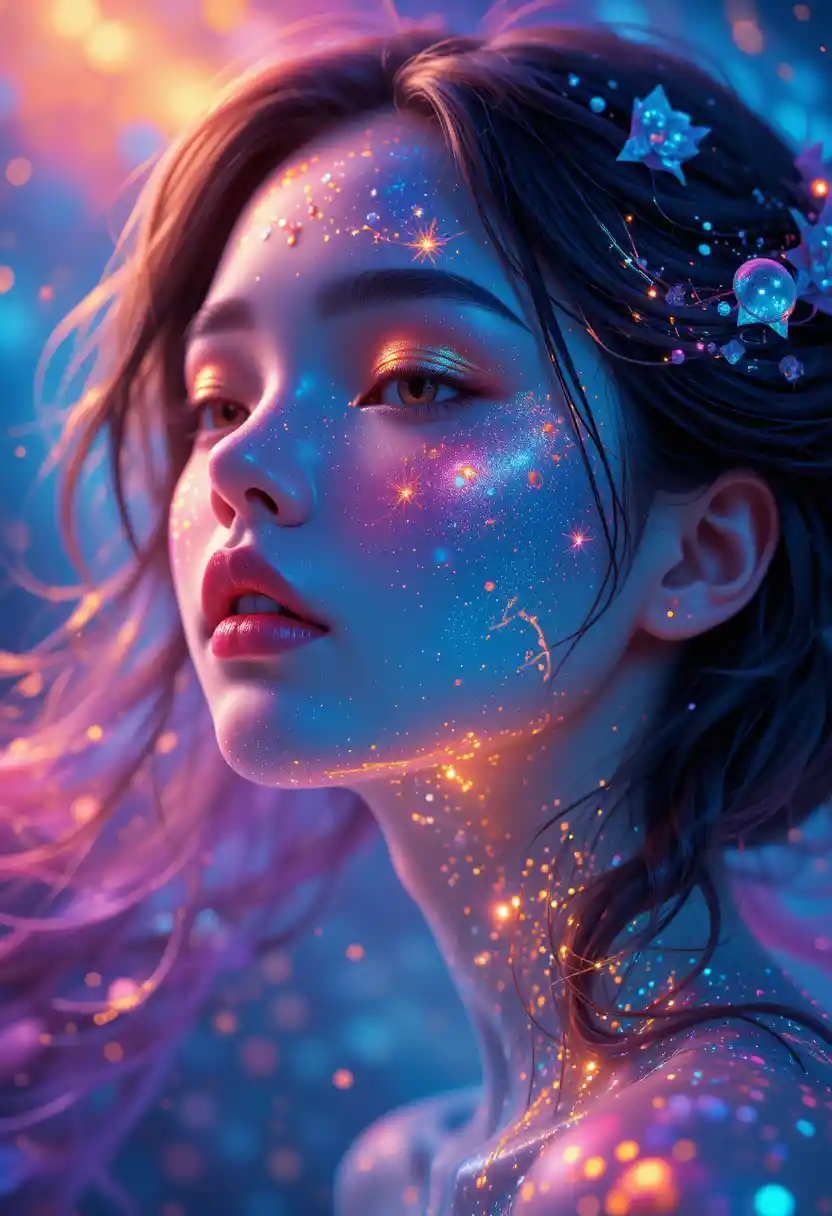 Anime woman with glowing cosmic skin and nebula colors