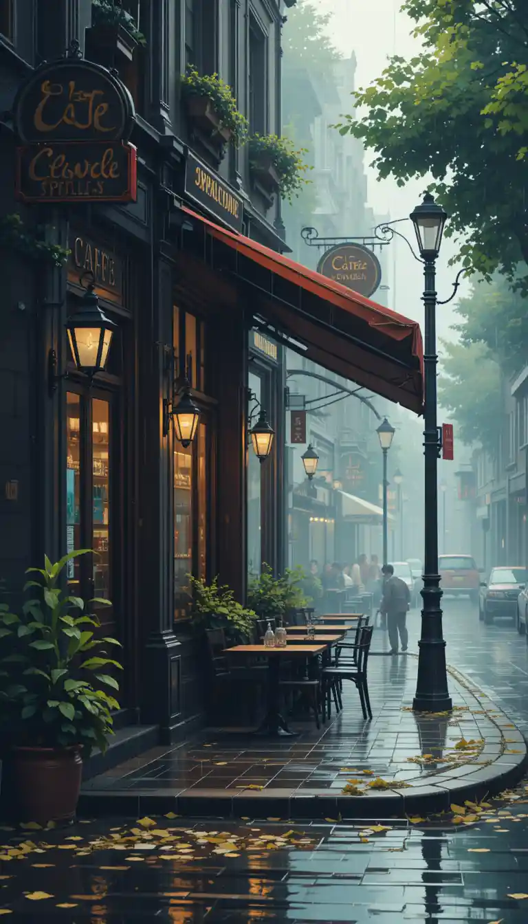 Rainy city street outside a cozy cafe at night