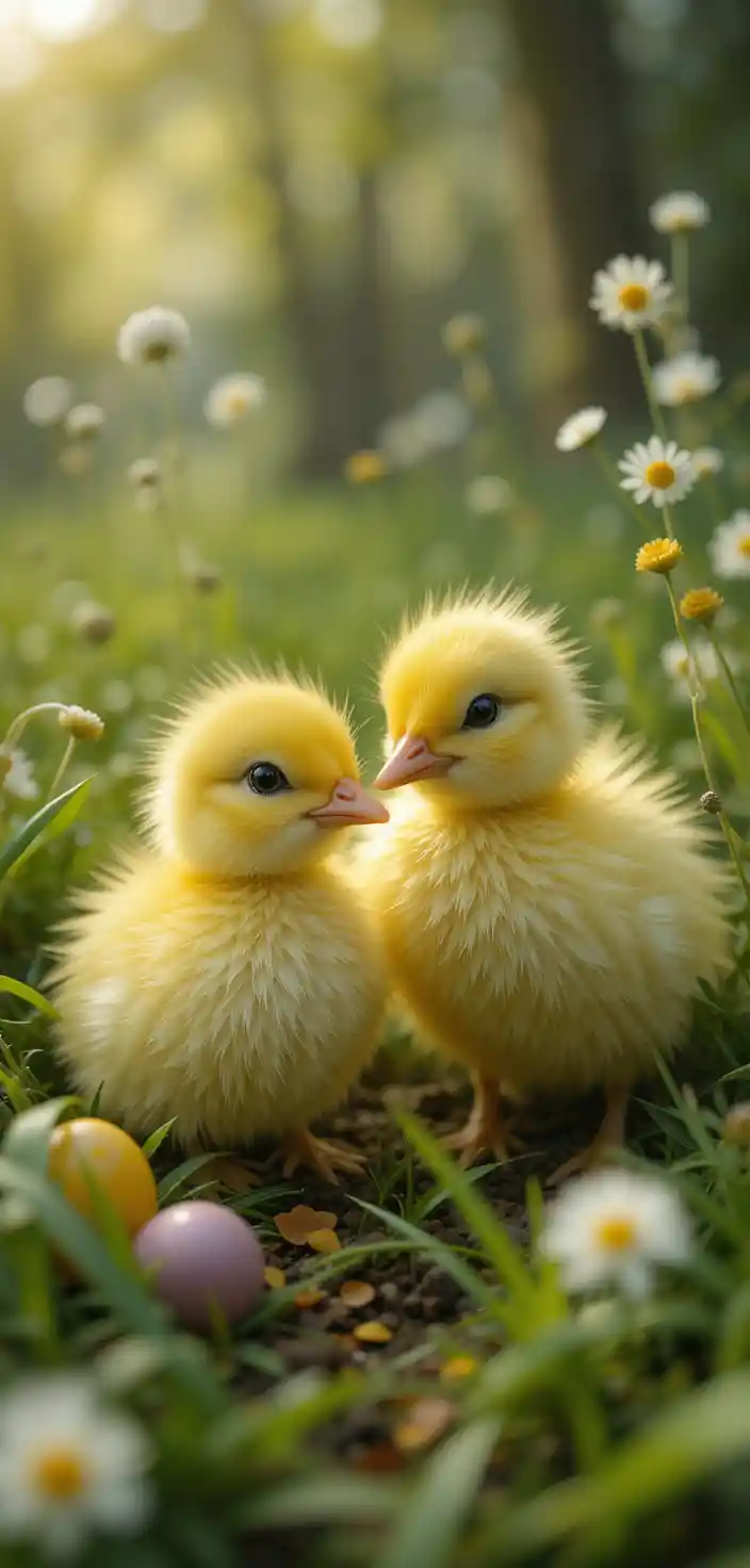 Little yellow duck resting in the green grass