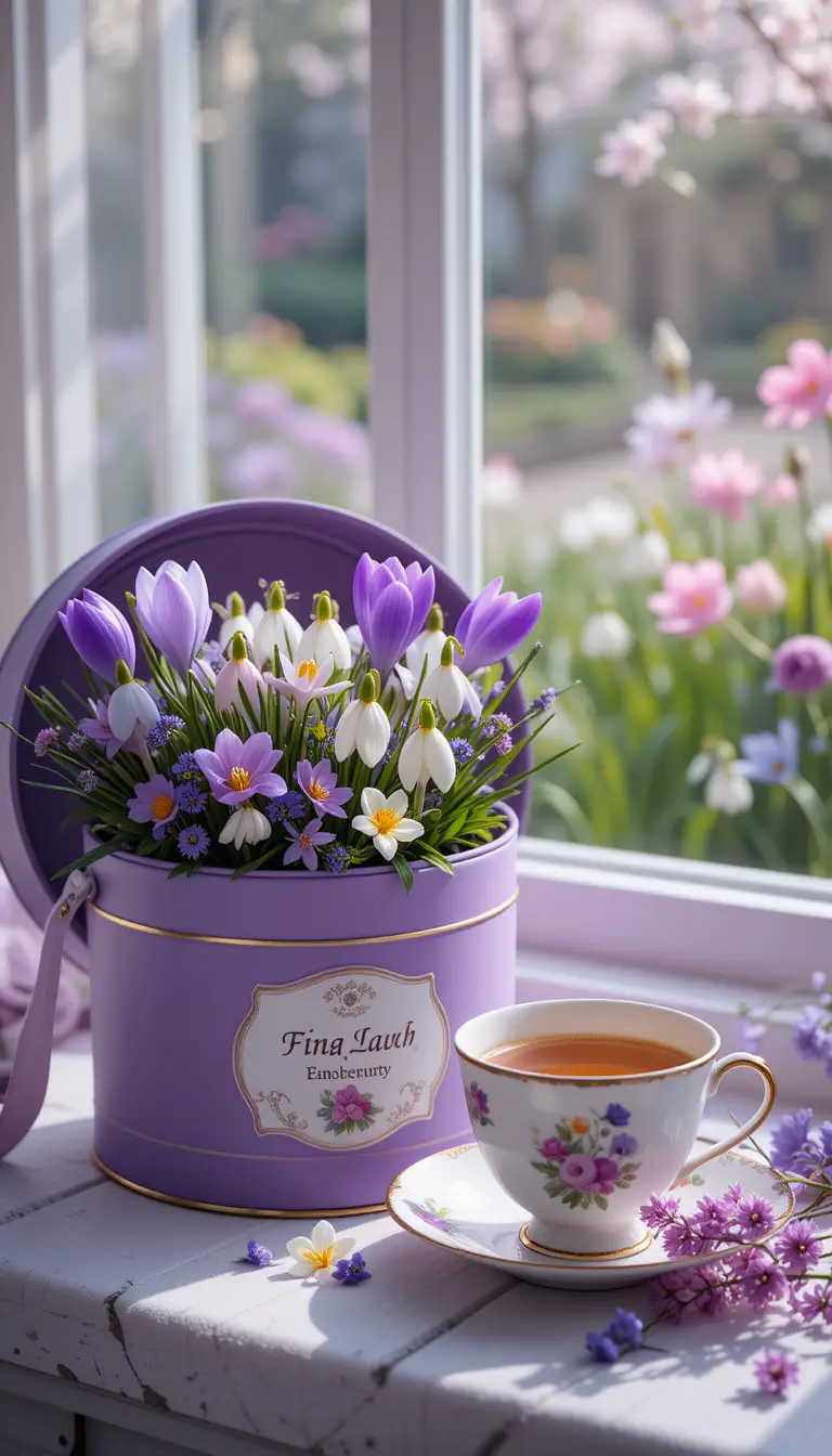 Purple crocuses and snowdrops in a round gift box