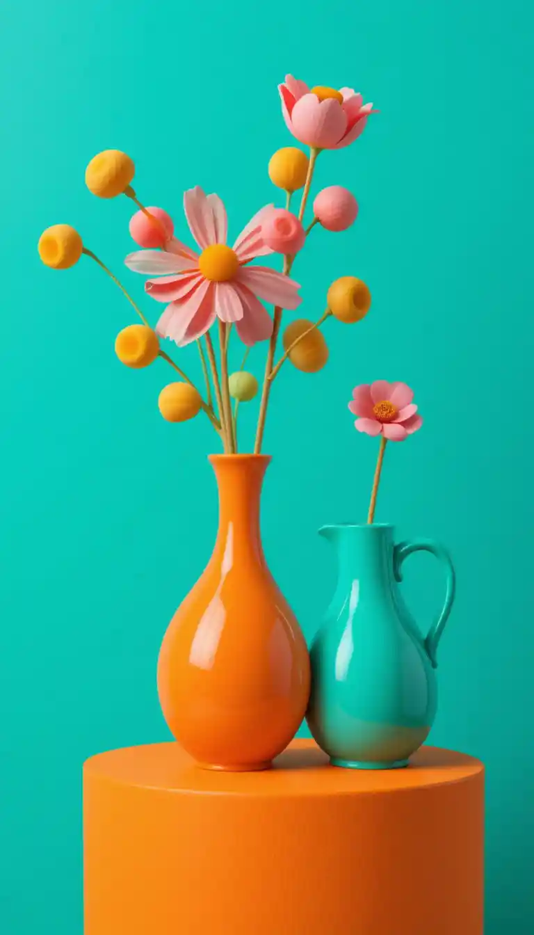 Colorful ceramic vases with abstract flowers on teal background