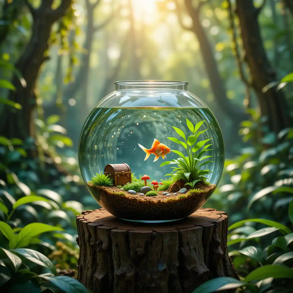 Goldfish aquarium on tree stump in lush jungle