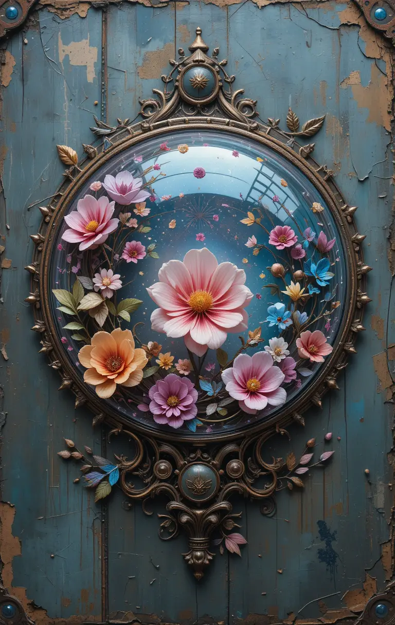 Crystal ball wall art with floral industrial design