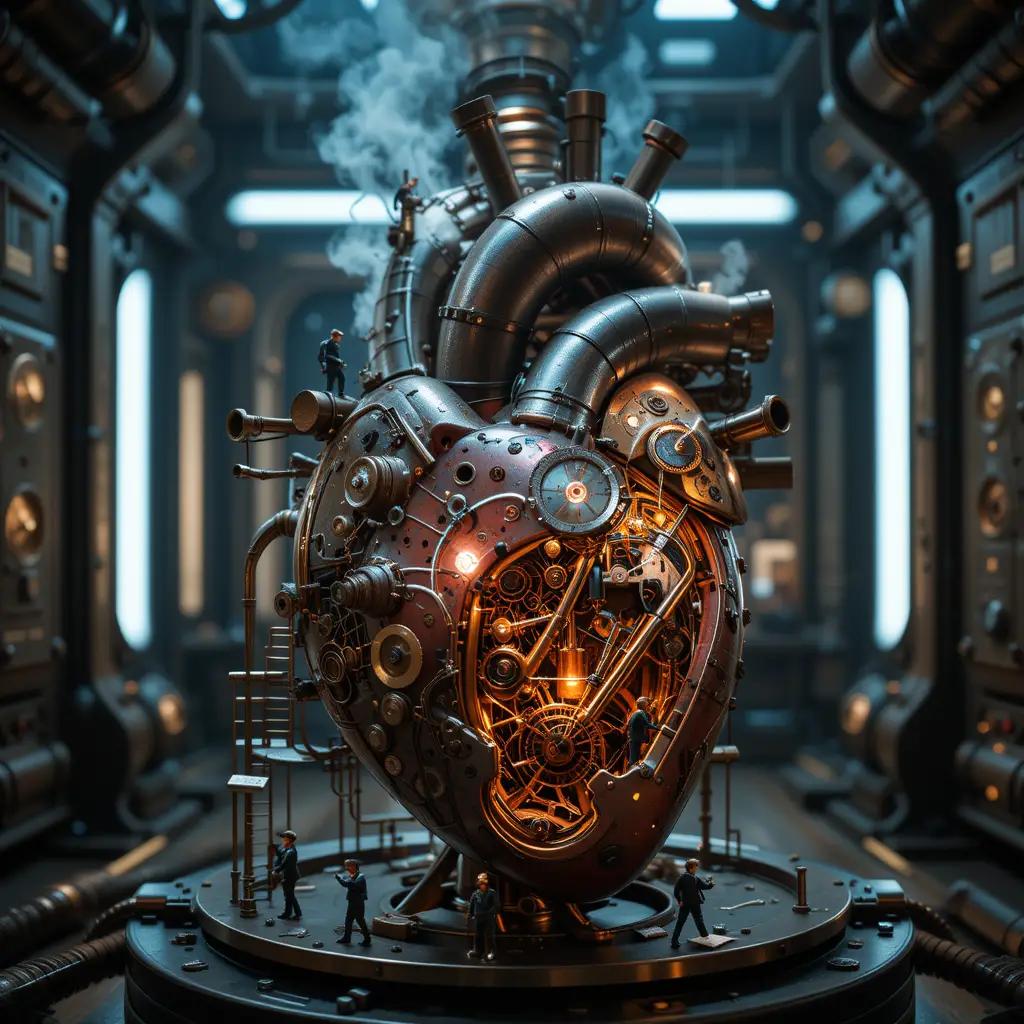 Close up mechanical heart machine in steampunk laboratory