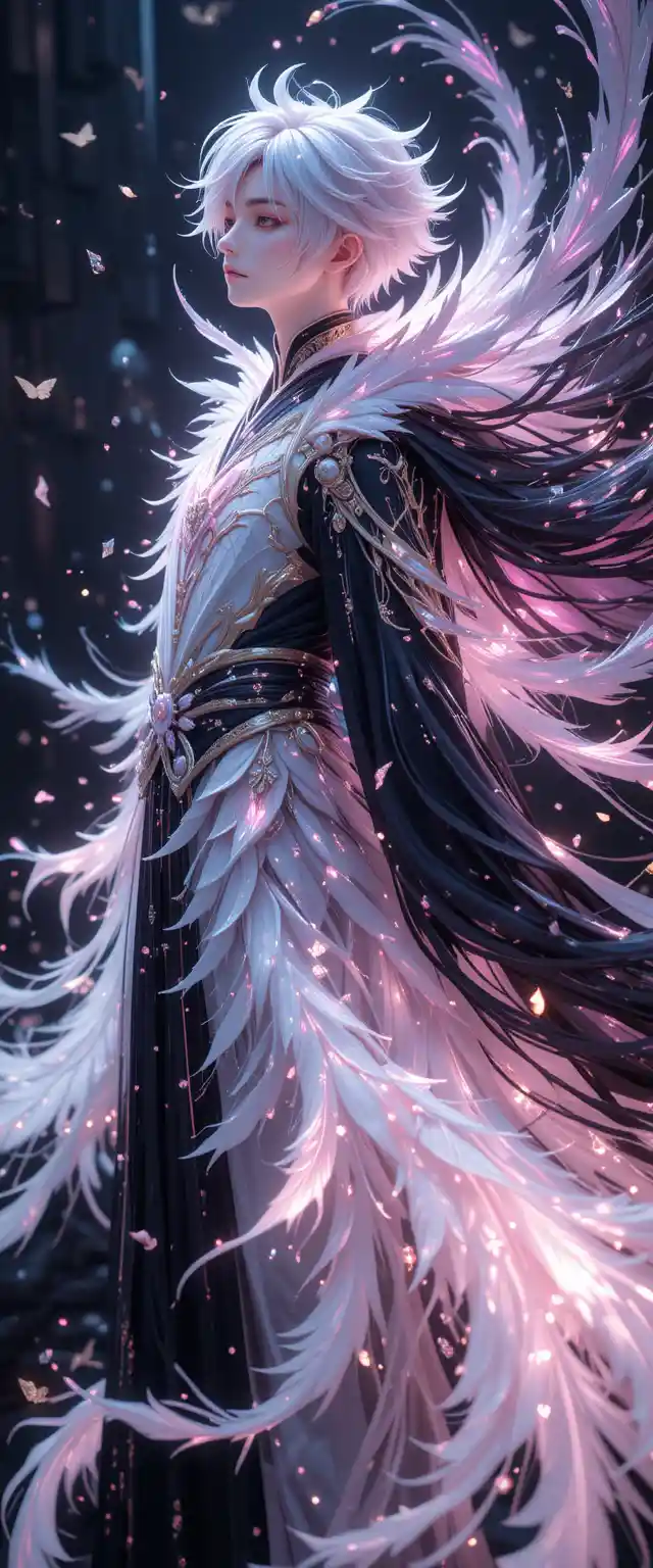 Top view of anime paladin with glowing feathered robe
