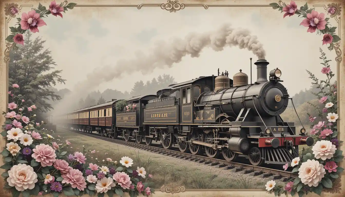 Vintage watercolor steam train with victorian petunia flowers