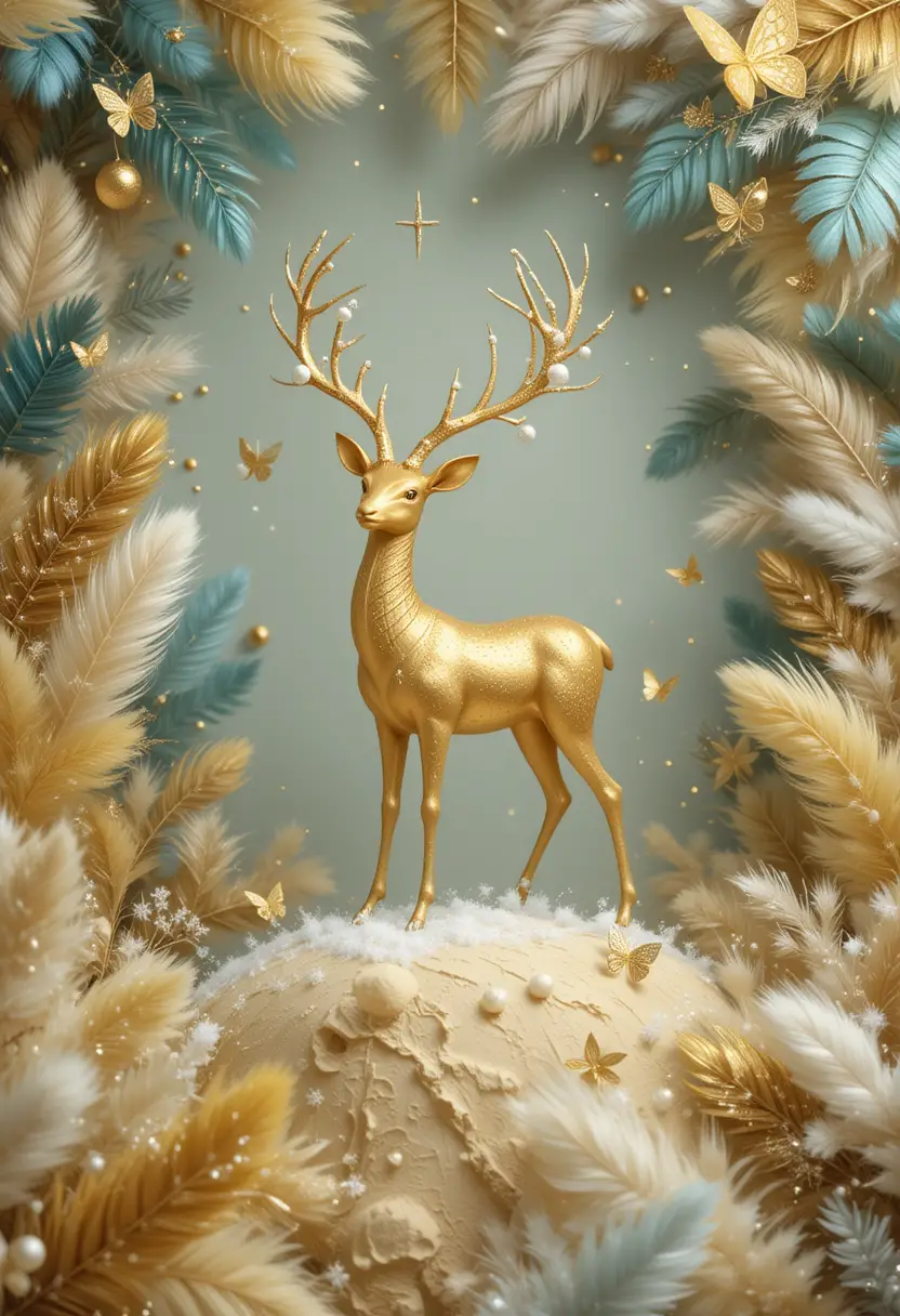 Golden deer with ornate antlers in decorative abstract scene