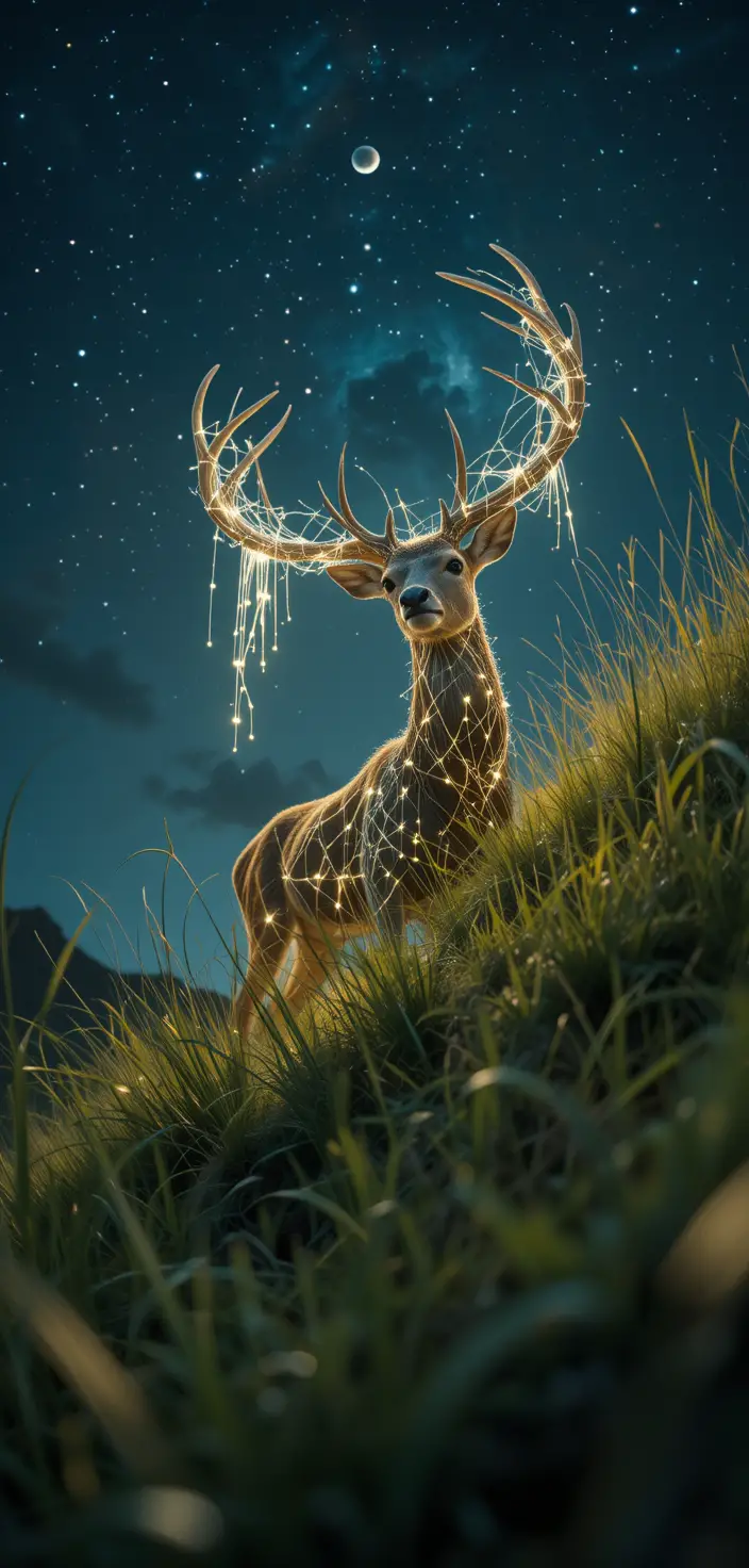 Deer With Glowing String Lights In Tall Grass Savanna