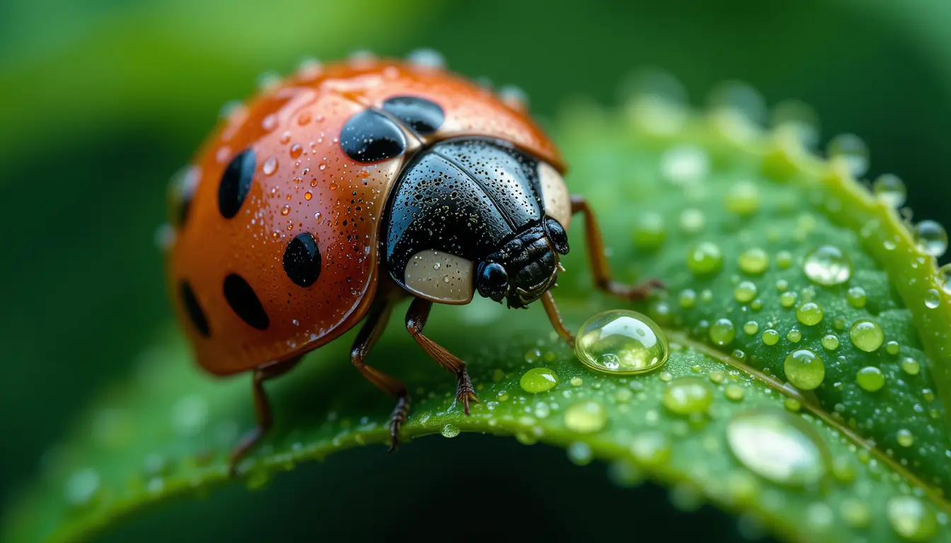 Macro ladybug on green leaf with water droplets