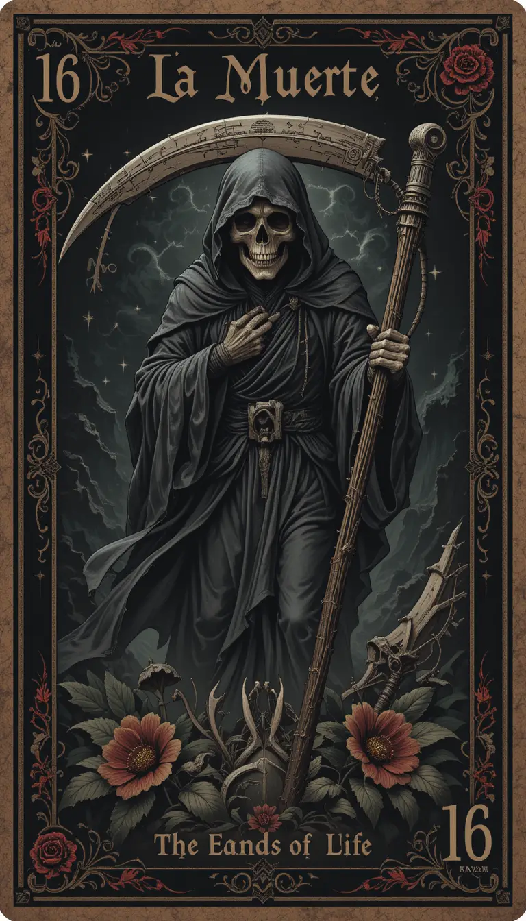 La Muerte playing card with grim reaper in dark tones
