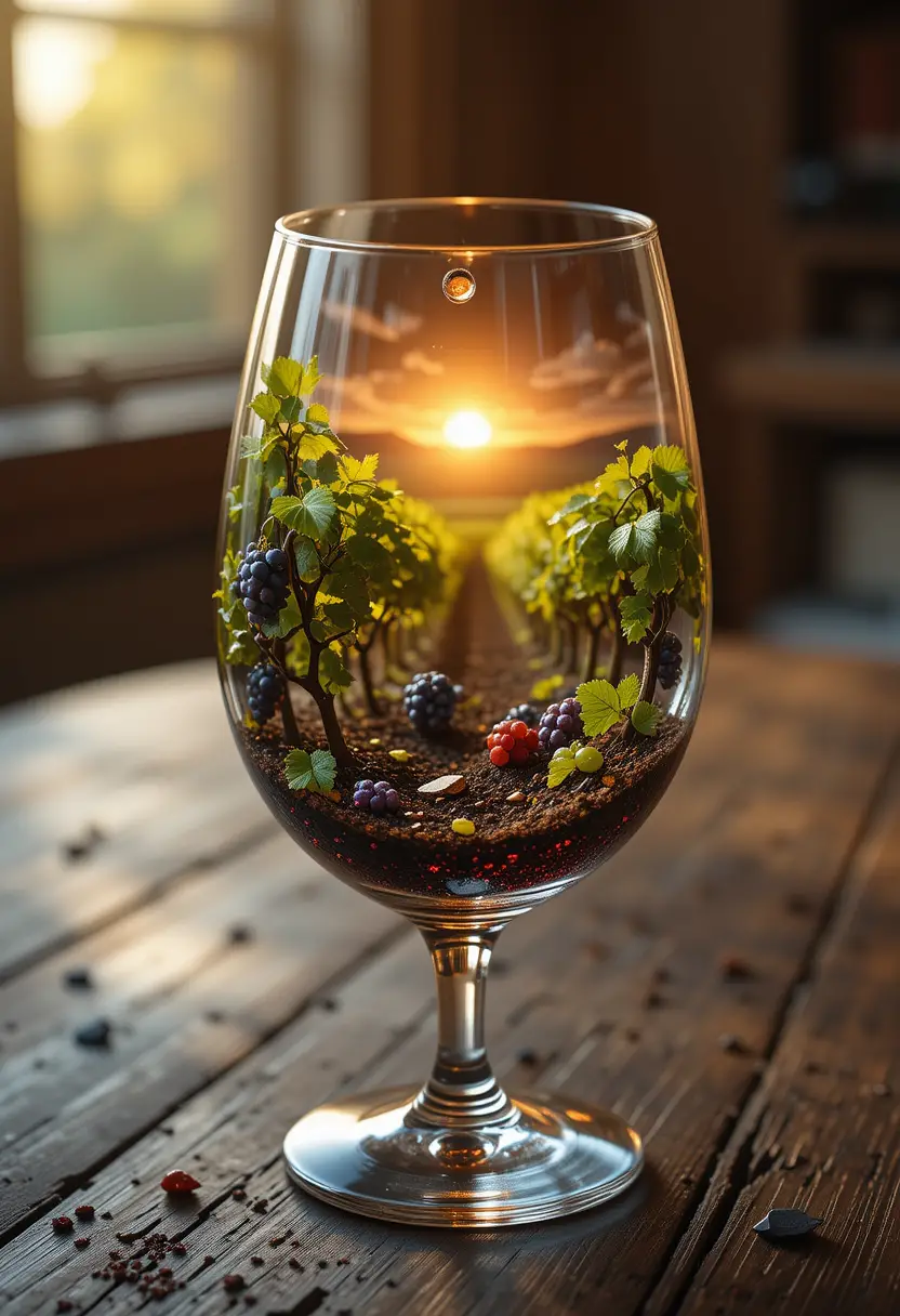 Miniature Vineyard World Inside A Crystal Wine Glass