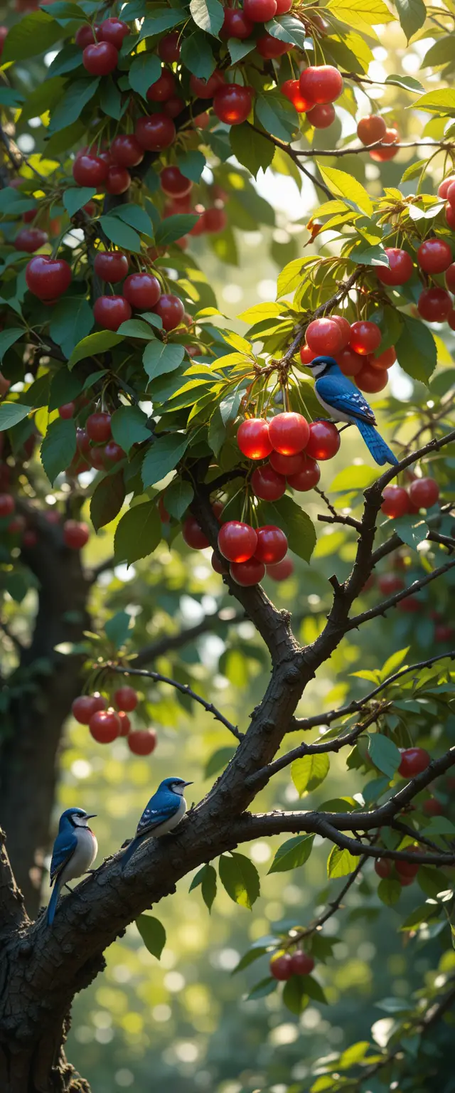 Transparent cherries glowing on a lush forest tree