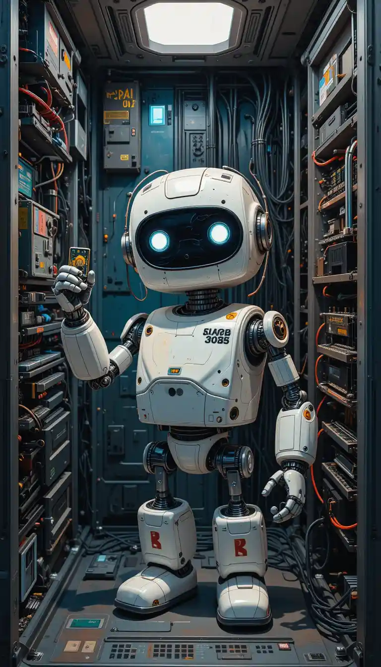 Freundlicher, winziger Roboter im Computer, der einen Chip einsetzt