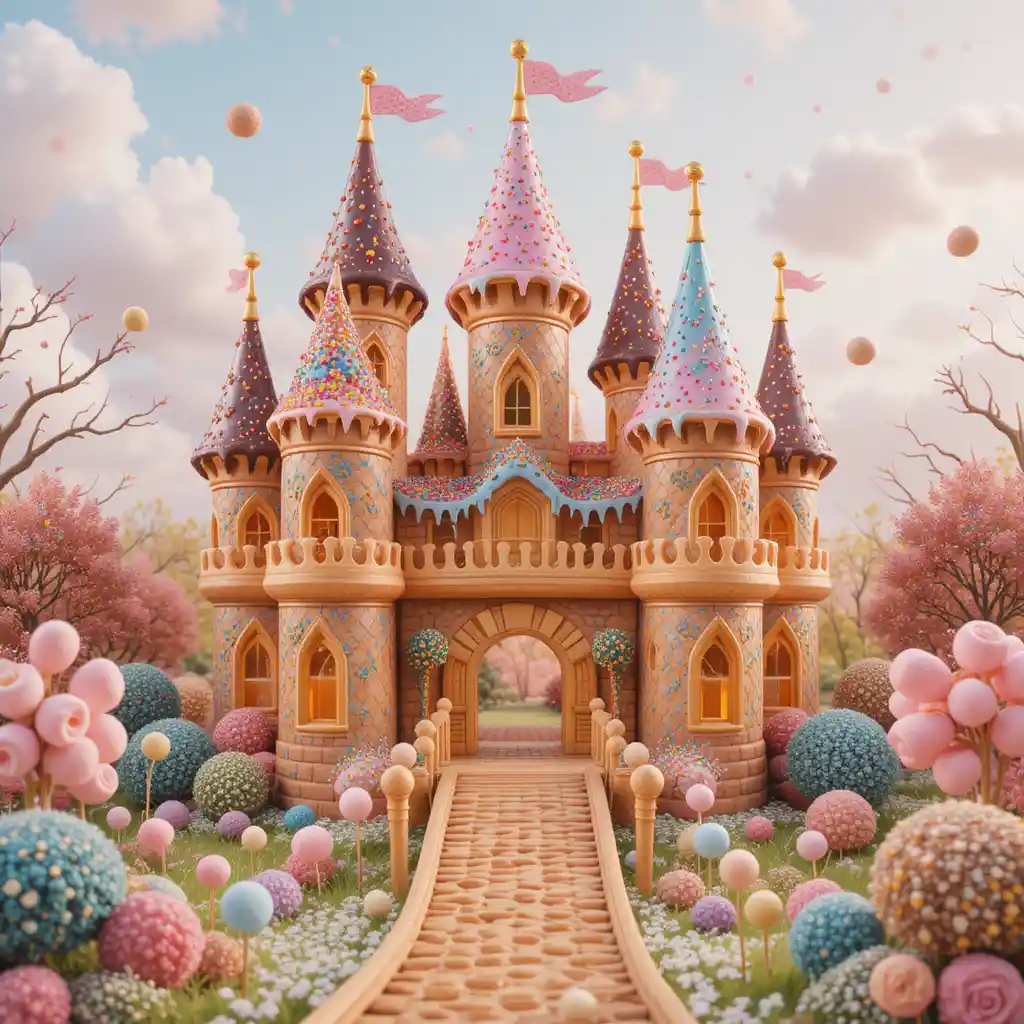 Whimsical Donut Castle In A Pastel Candy Fantasy Landscape