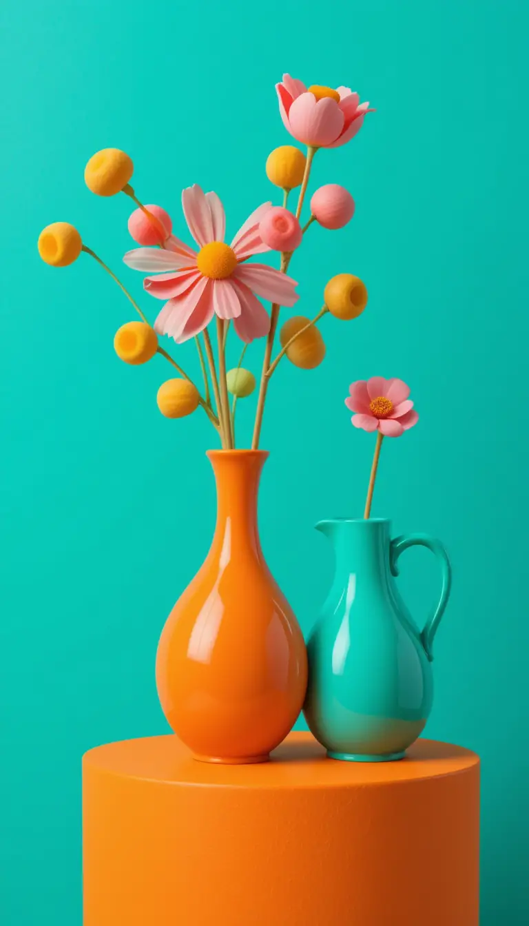 Colorful ceramic vases with abstract flowers on teal background
