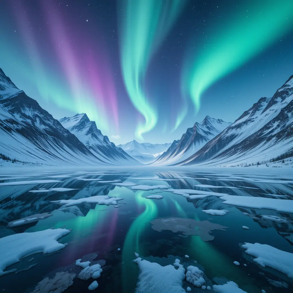 Frozen mountain lake under glowing northern lights sky