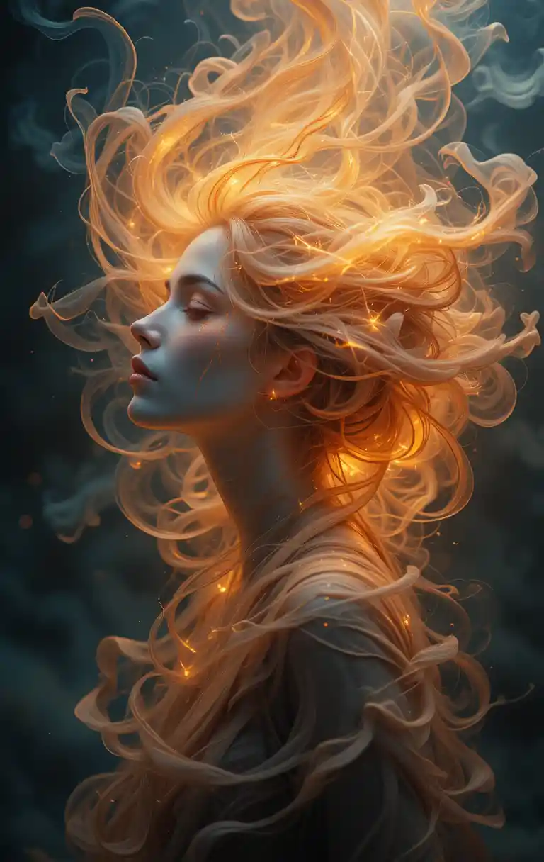 Surreal portrait of a woman with swirling fiery essence
