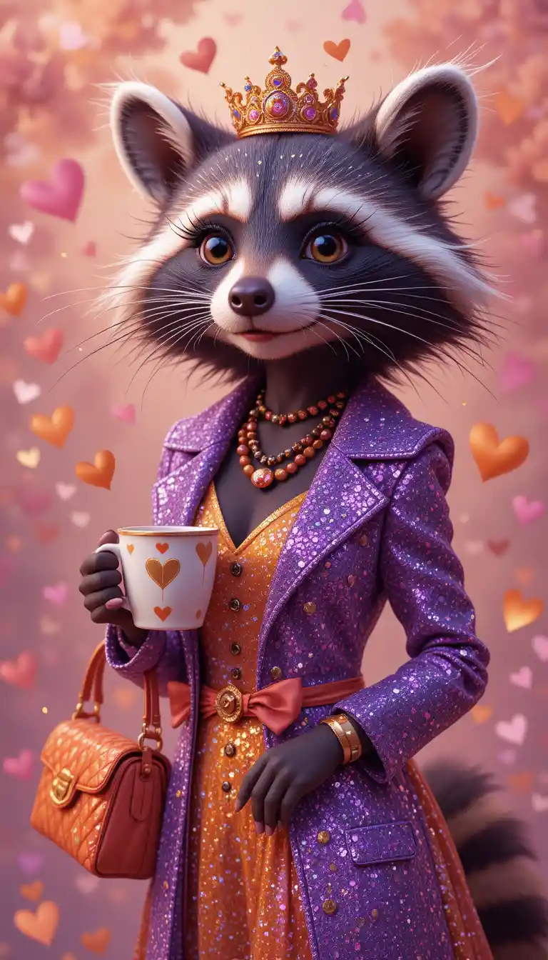 Glamorous raccoon with coffee in whimsical 3D illustration