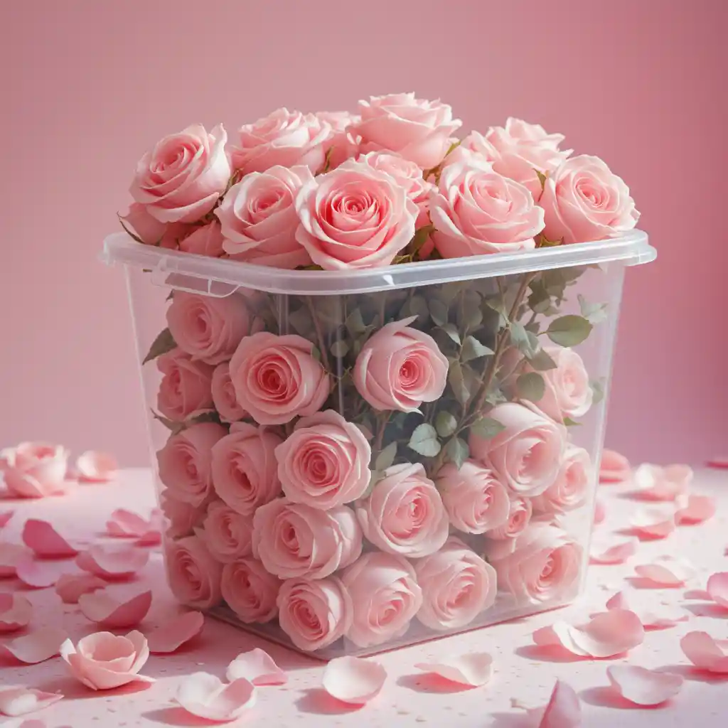 Rose in morbidi toni pastello che traboccano da un contenitore di plastica trasparente