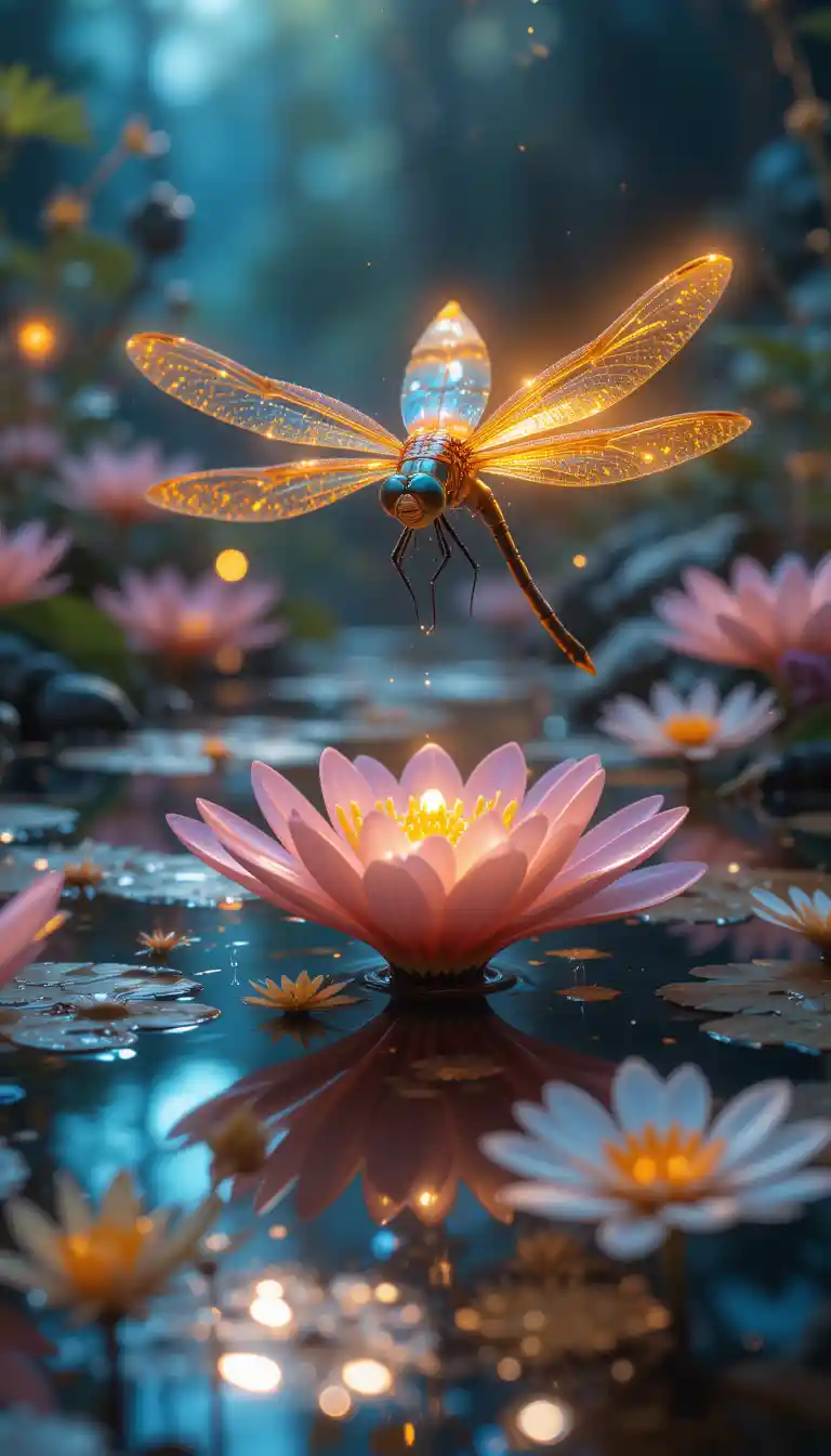 Glowing dragonfly above a sci fi pond of radiant flowers