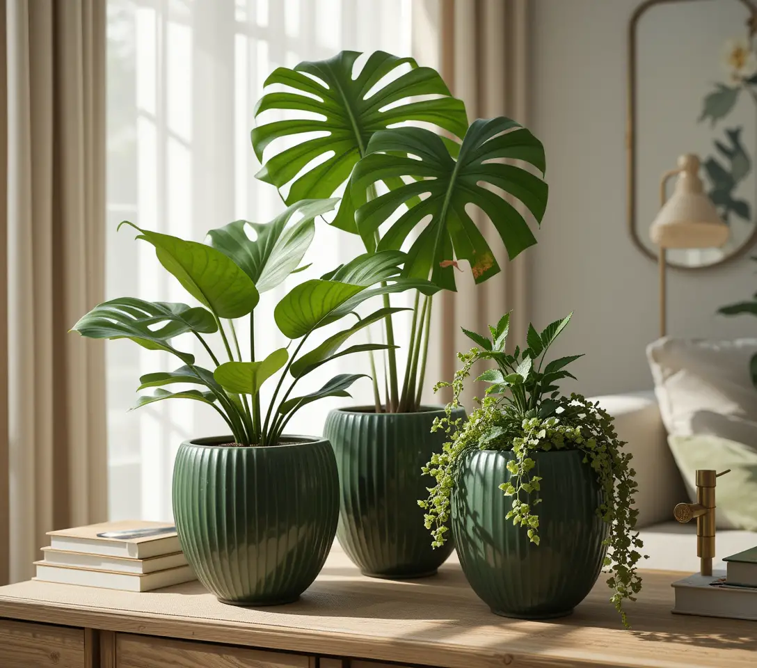 Green ceramic planters styled on a white oak console