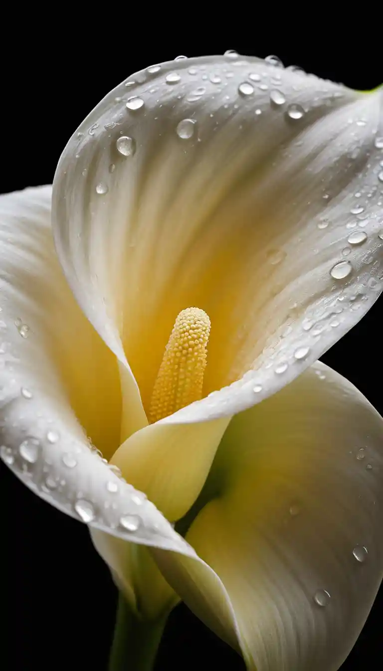 White calla lily with dew drops on dark background