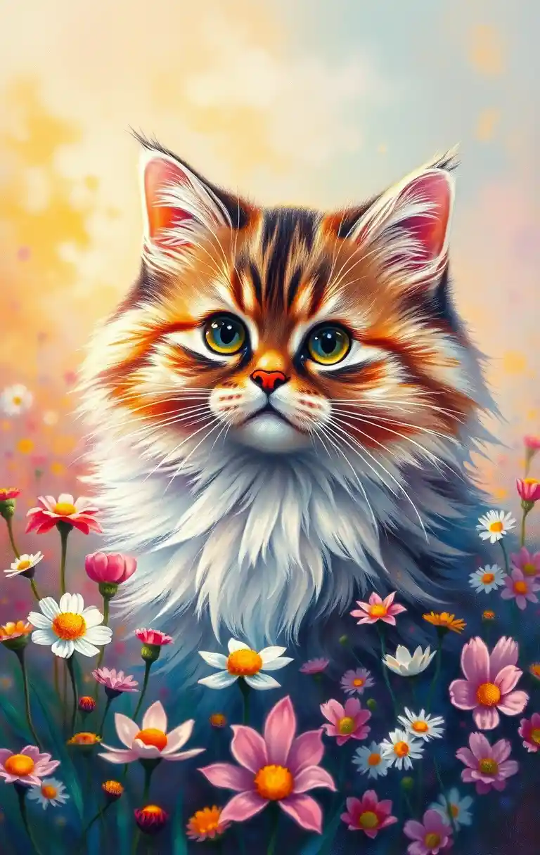 Oversized fluffy cat in a magical rainbow meadow painting