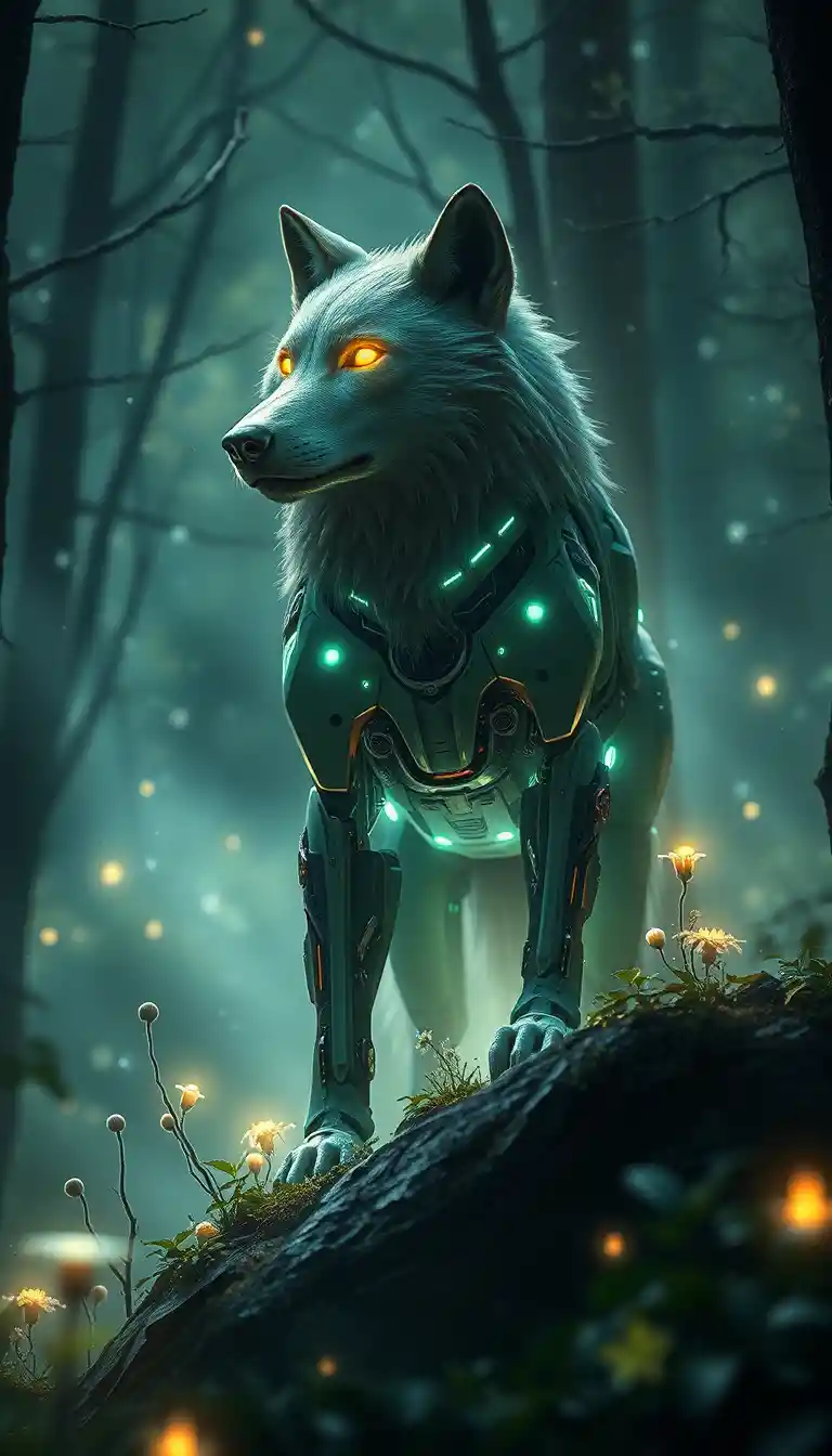 Biomechanical wolf in glowing fantasy forest close up