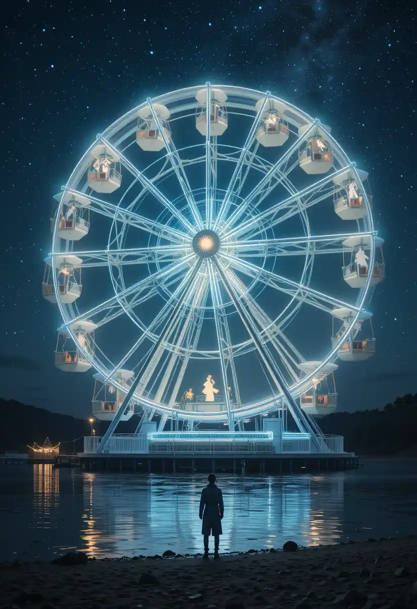 Translucent Ferris Wheel Turning Above A Starry Lake