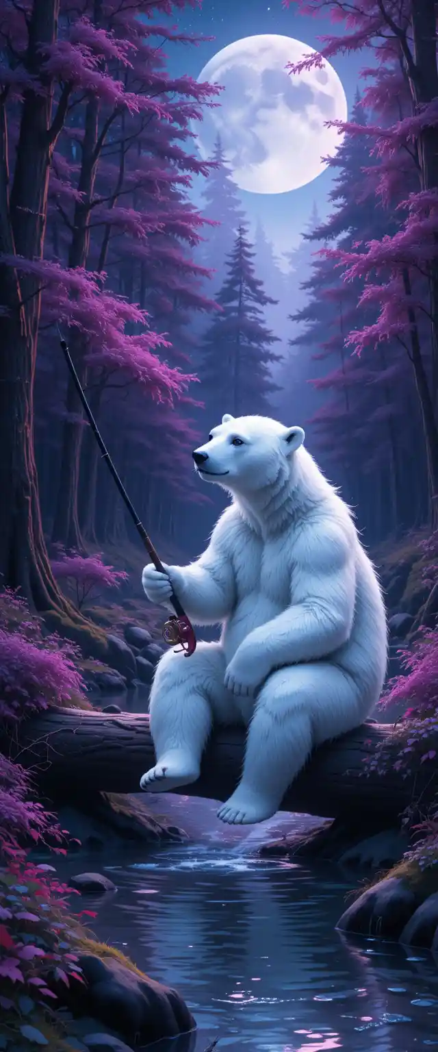Polar bear fishing on a log in mystical night forest