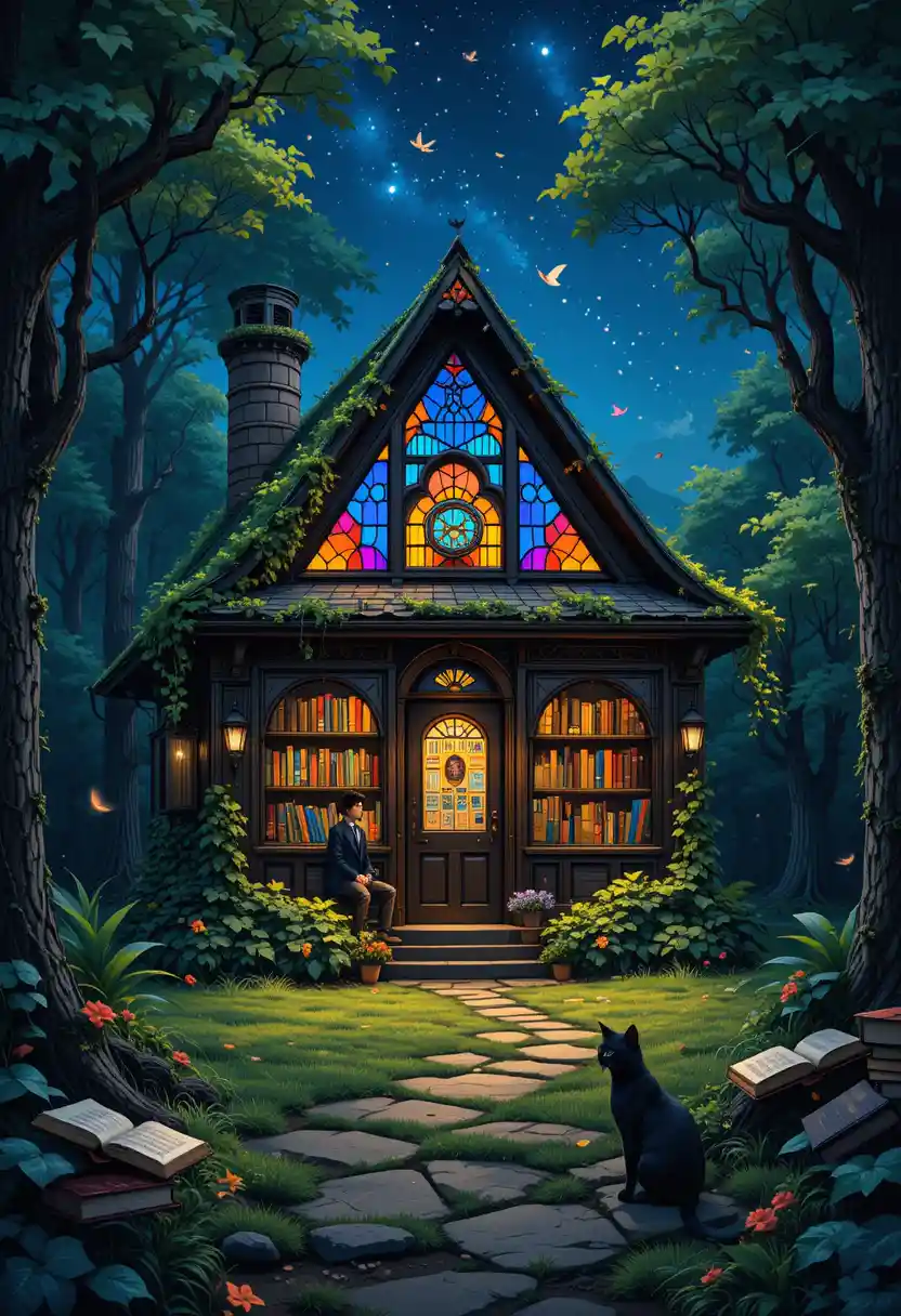Vintage forest bookshop glowing under a starlit sky