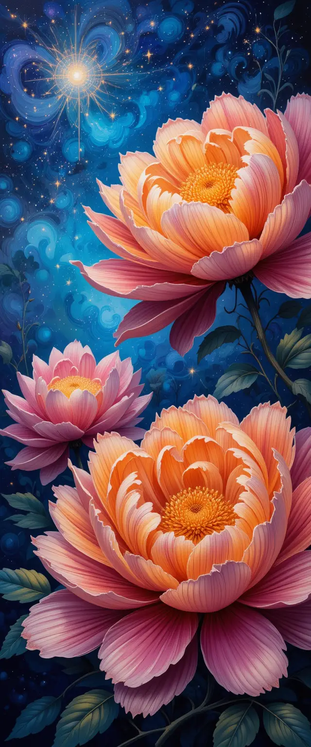 Lebendiges Blumen-Gemälde vor tiefem Sternenhimmel
