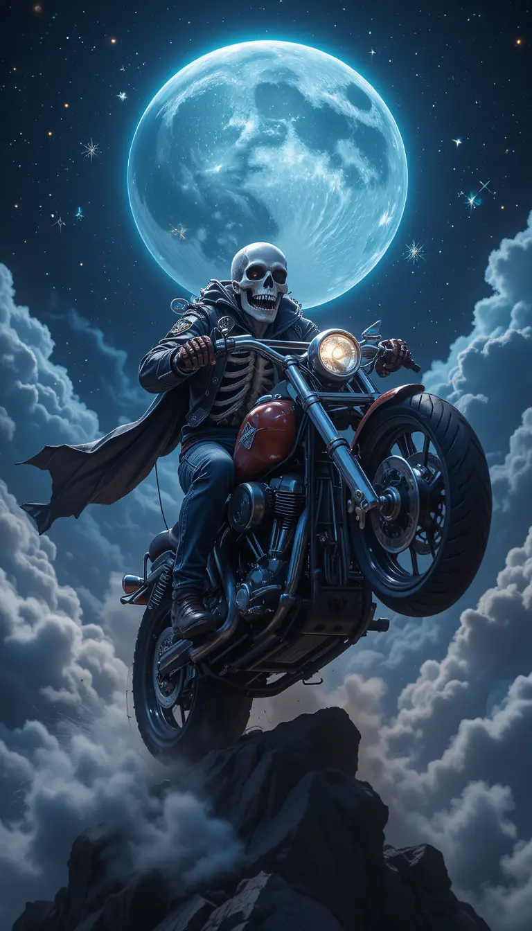 Skeleton biker riding a motorcycle through cosmic night sky