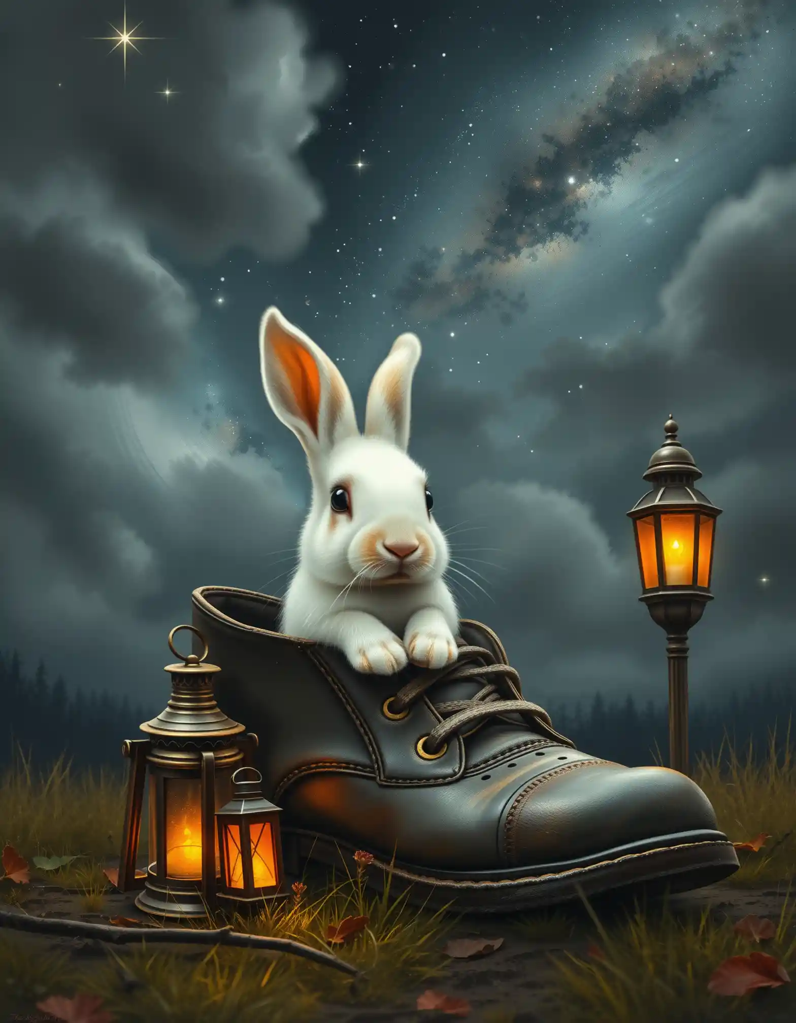 White rabbit sitting in an old shoe under night sky