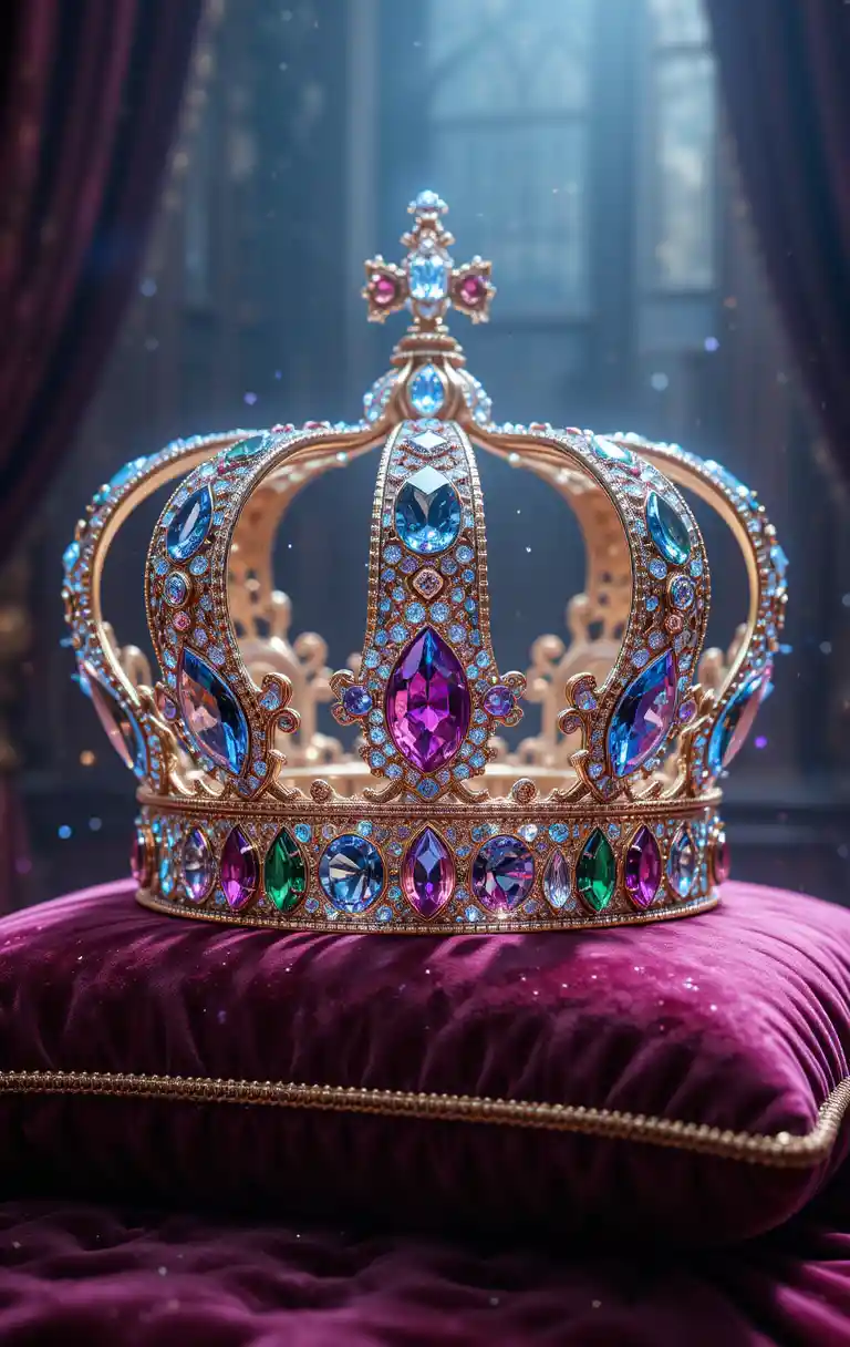 Jeweled crown resting on a velvet pillow in photorealistic detail