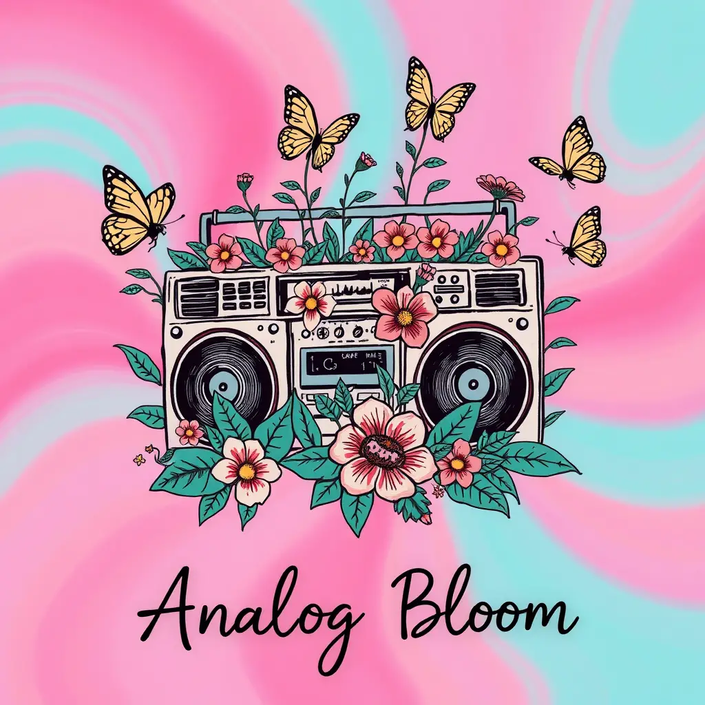Psychedelic boombox blooming into analog flower garden
