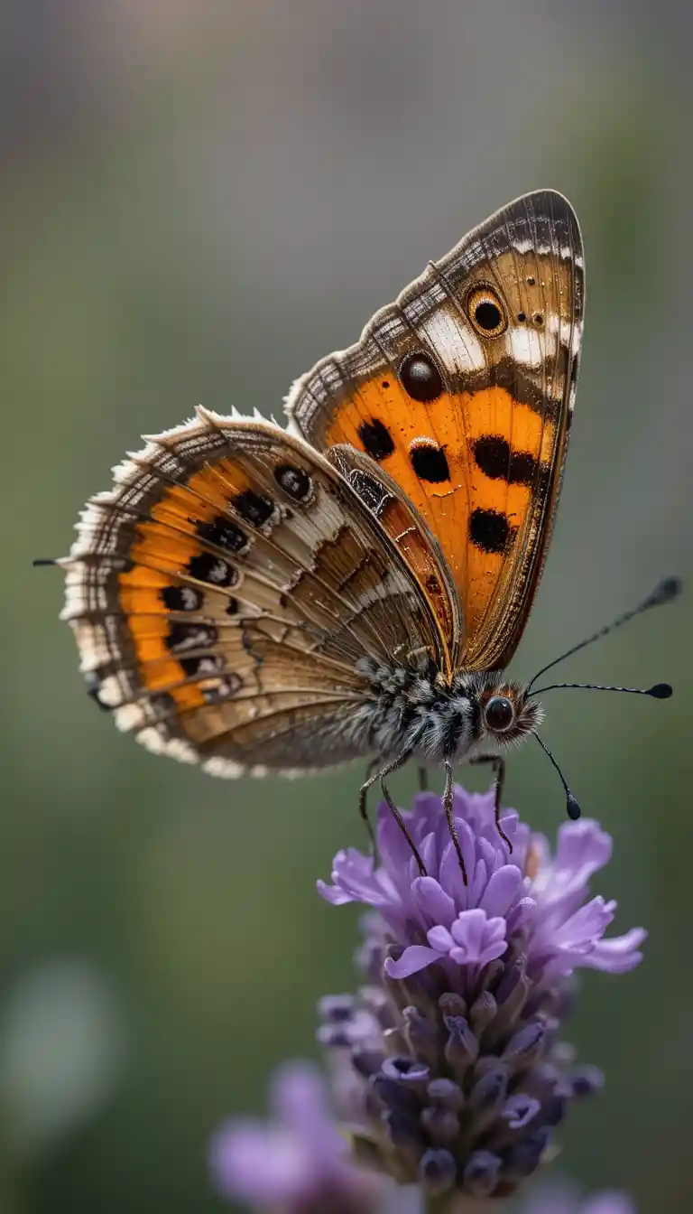 Small tortoiseshell butterfly on lavender blossom close up