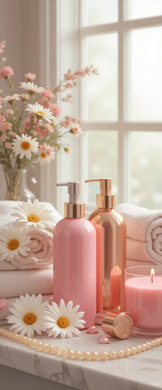 Pink and gold spa still life by a bright window
